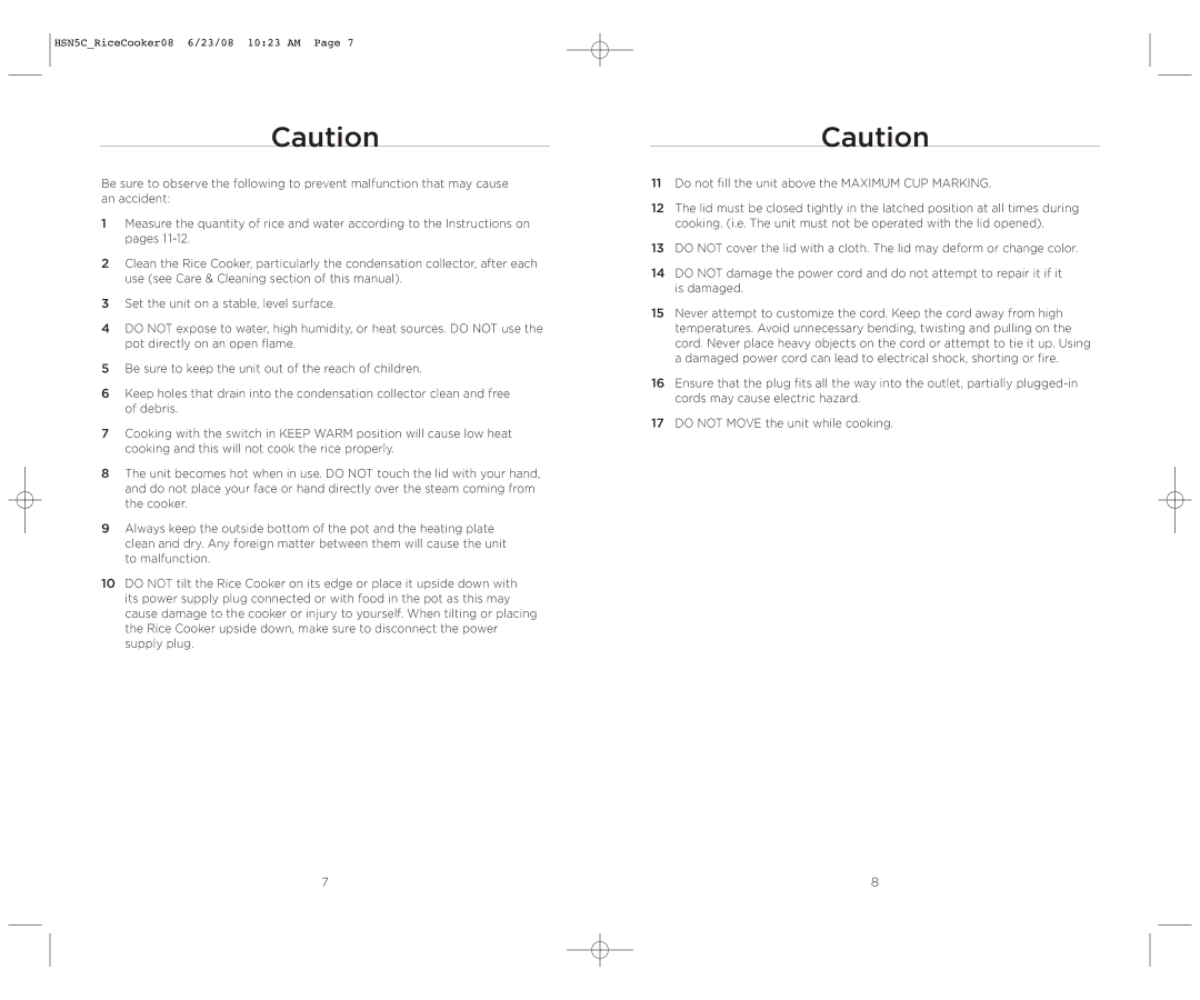 Wolfgang Puck HSN5C_RICECOOKER08 operating instructions HSN5CRiceCooker08 6/23/08 1023 AM 