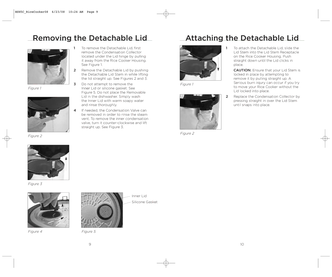 Wolfgang Puck HSN5C_RICECOOKER08 operating instructions Removing the Detachable Lid, Attaching the Detachable Lid 