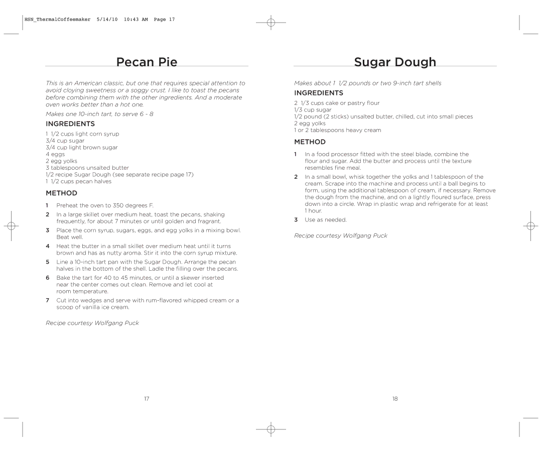 Wolfgang Puck Model BCM00020 manual Pecan Pie, Sugar Dough 