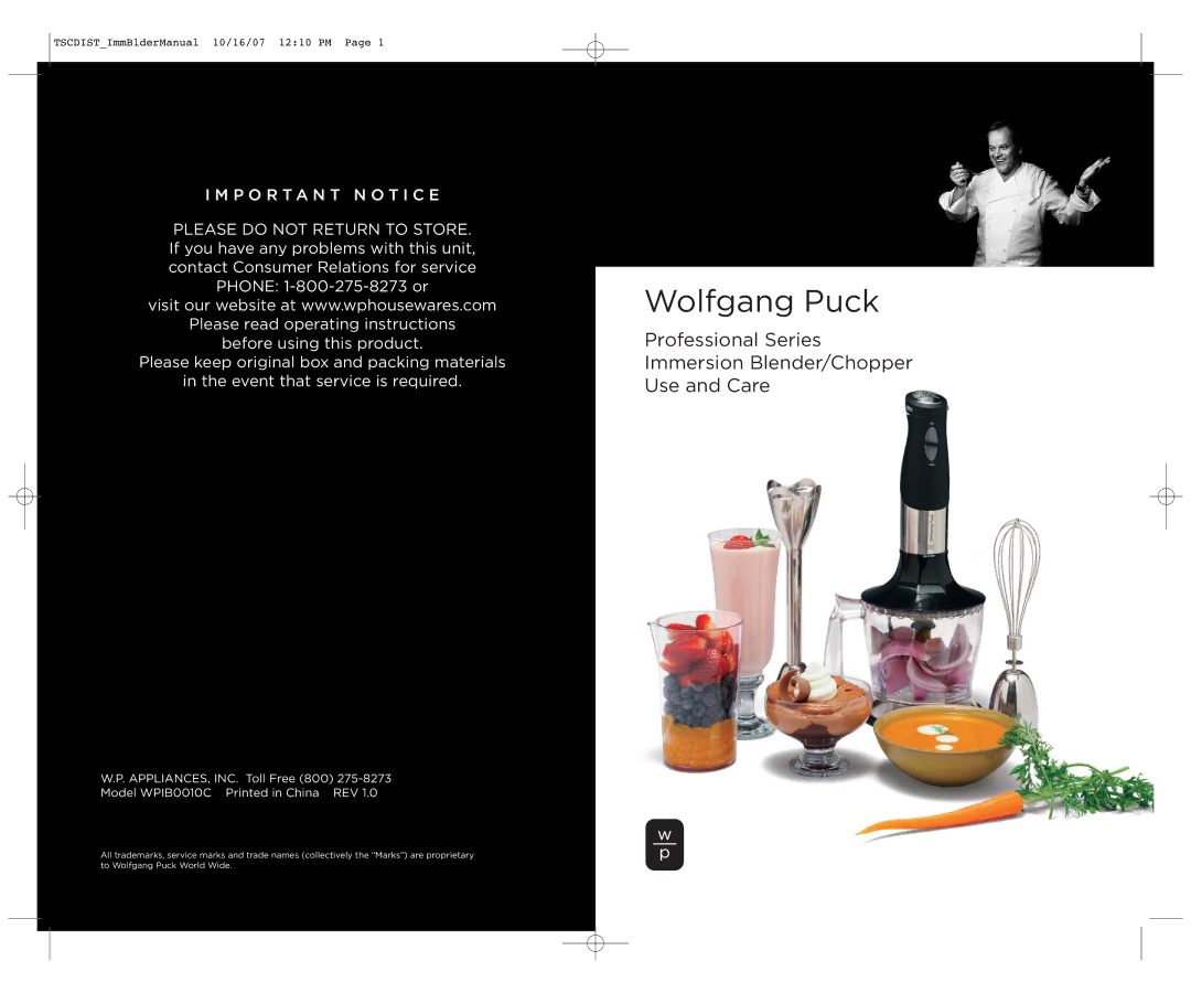 Wolfgang Puck WPIB0010C manual Wolfgang Puck 