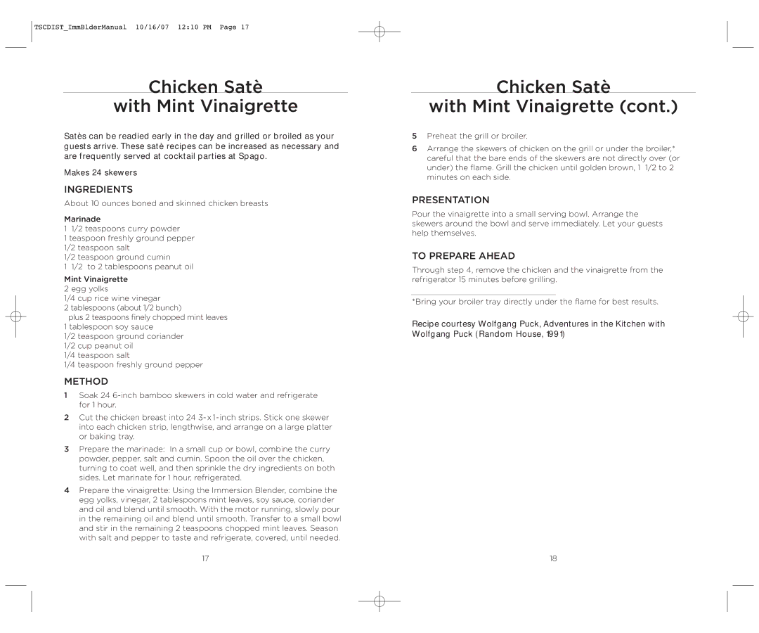 Wolfgang Puck WPIB0010C manual Chicken Satè With Mint Vinaigrette, Presentation 