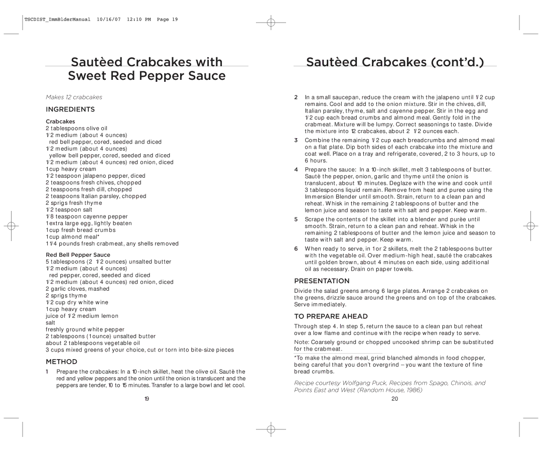 Wolfgang Puck WPIB0010C manual Sautèed Crabcakes with Sweet Red Pepper Sauce, Sautèed Crabcakes cont’d 