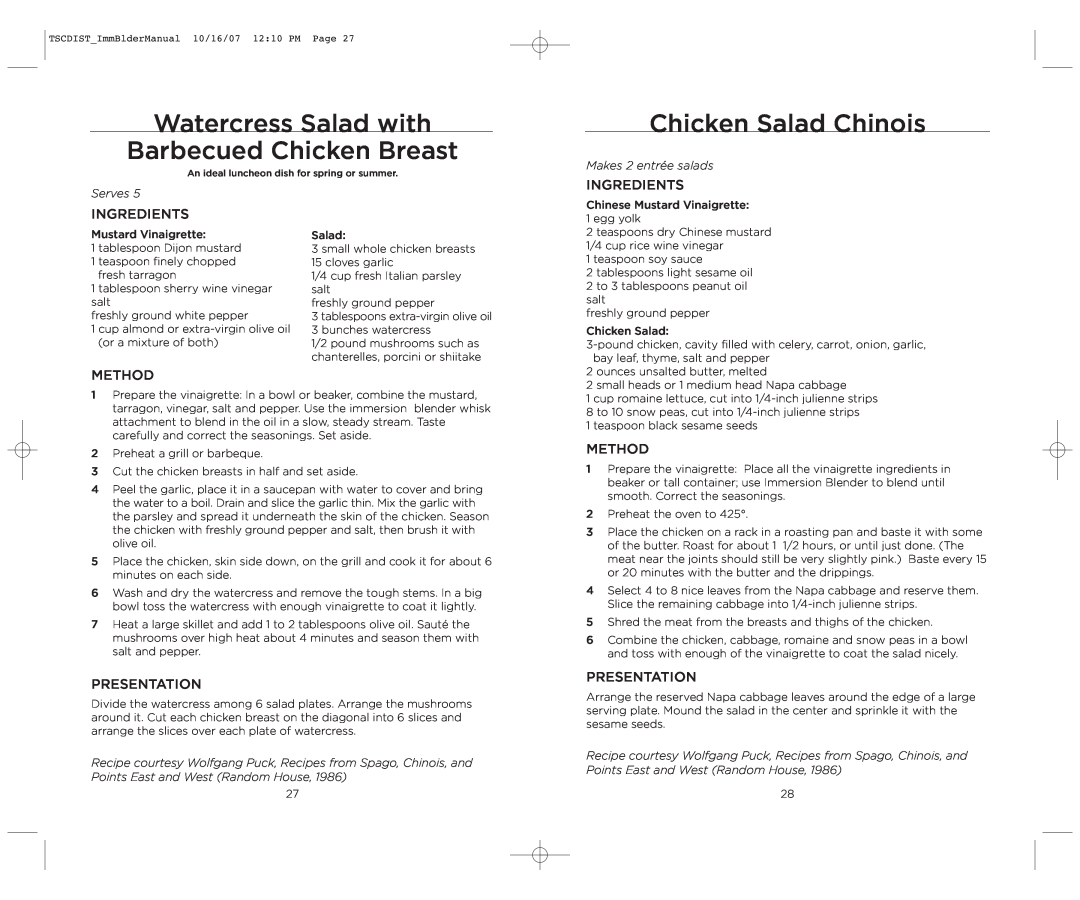 Wolfgang Puck WPIB0010C manual Watercress Salad with Barbecued Chicken Breast, Chicken Salad Chinois, Serves 