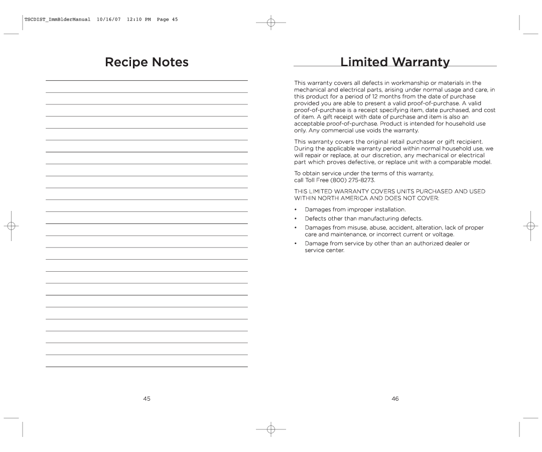Wolfgang Puck WPIB0010C manual Limited Warranty, Recipe Notes 