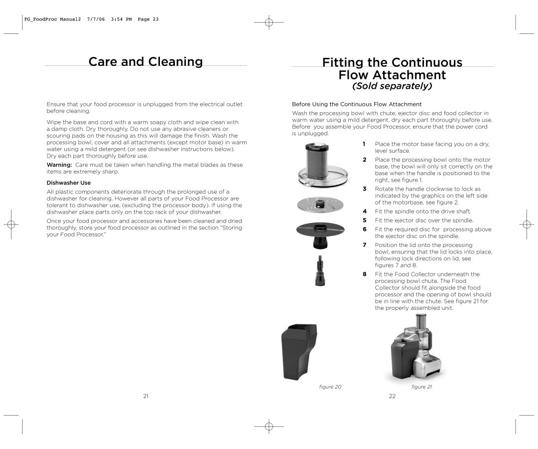 Wolfgang Puck WPMFP15 manual Care and Cleaning, Fitting the Continuous Flow Attachment 