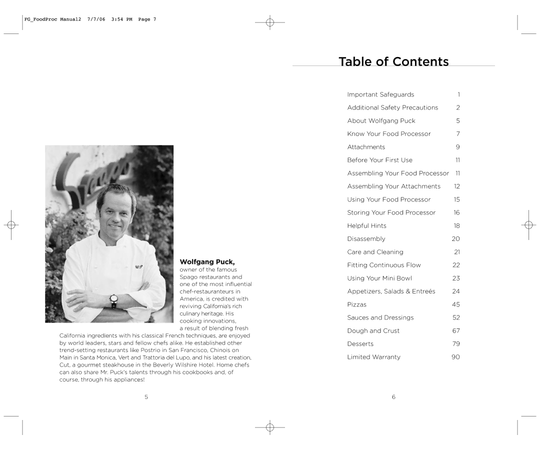 Wolfgang Puck WPMFP15 manual Table of Contents 