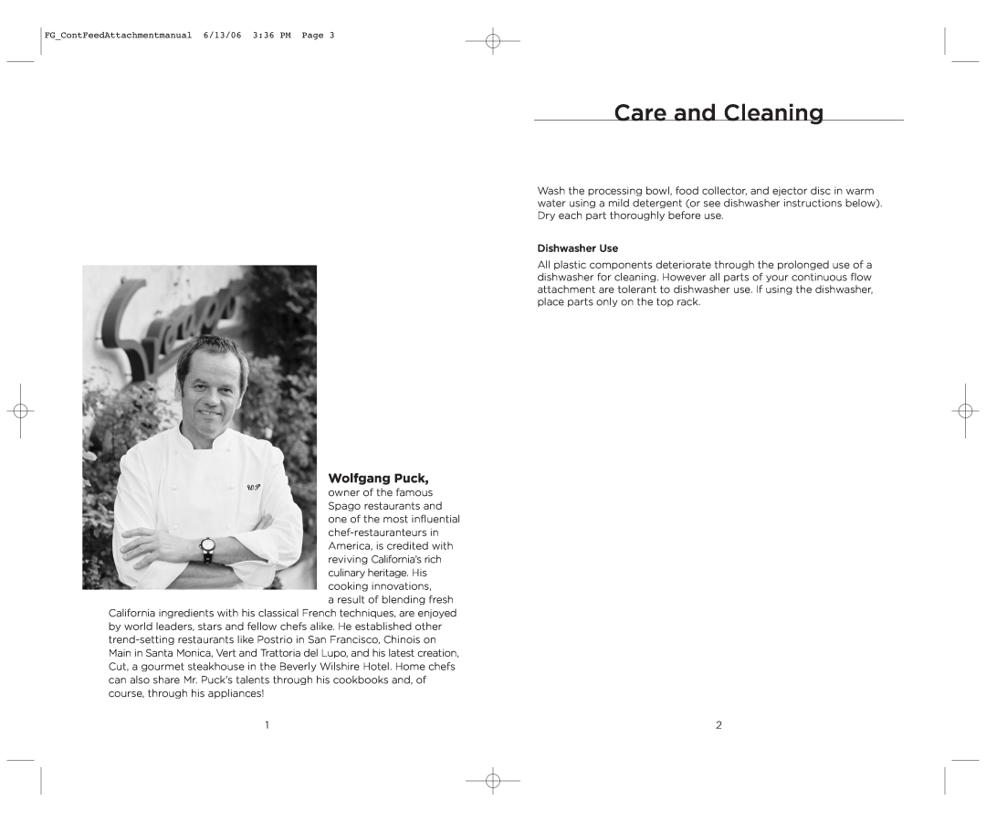 Wolfgang Puck WPMFP15AC manual Care and Cleaning, Wolfgang Puck 
