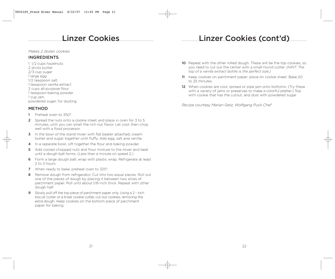 Wolfgang Puck WPPSM050C operating instructions Linzer Cookies cont’d 