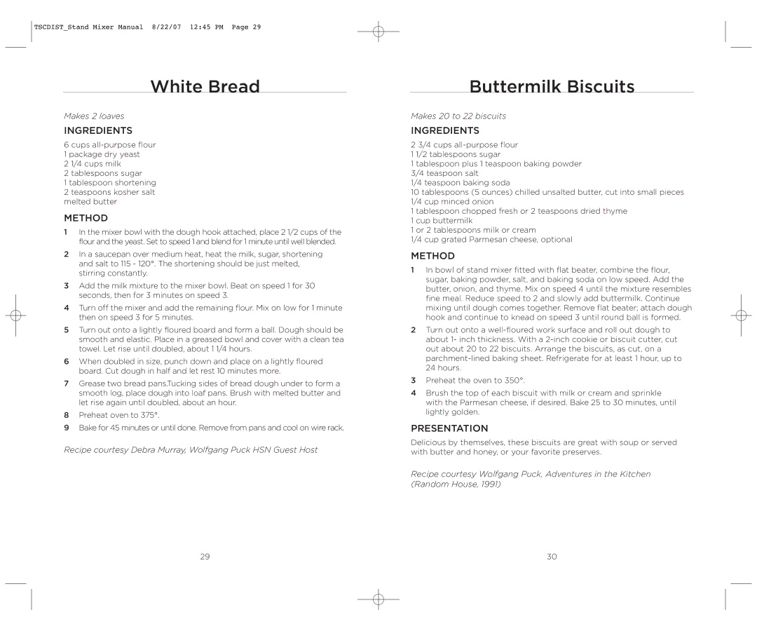 Wolfgang Puck WPPSM050C operating instructions White Bread, Buttermilk Biscuits, Presentation 