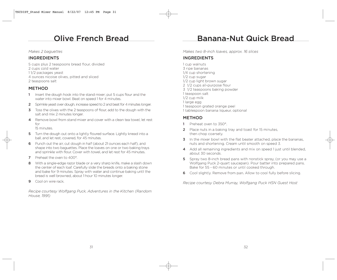 Wolfgang Puck WPPSM050C operating instructions Olive French Bread, Banana-Nut Quick Bread 