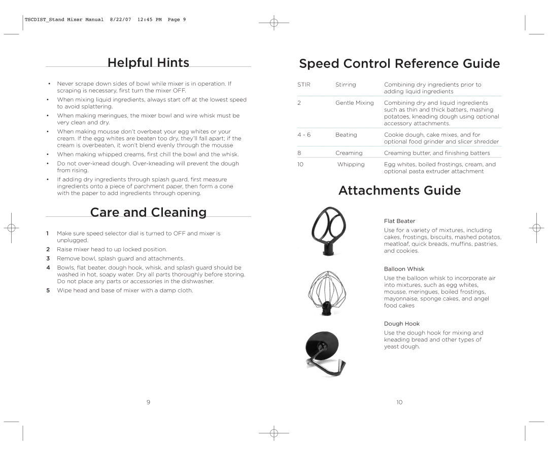 Wolfgang Puck WPPSM050C Helpful Hints, Care and Cleaning, Speed Control Reference Guide, Attachments Guide 