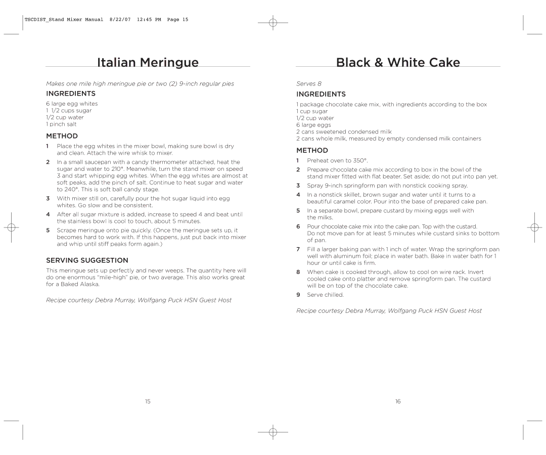 Wolfgang Puck WPPSM050C operating instructions Italian Meringue, Black & White Cake, Serving Suggestion 