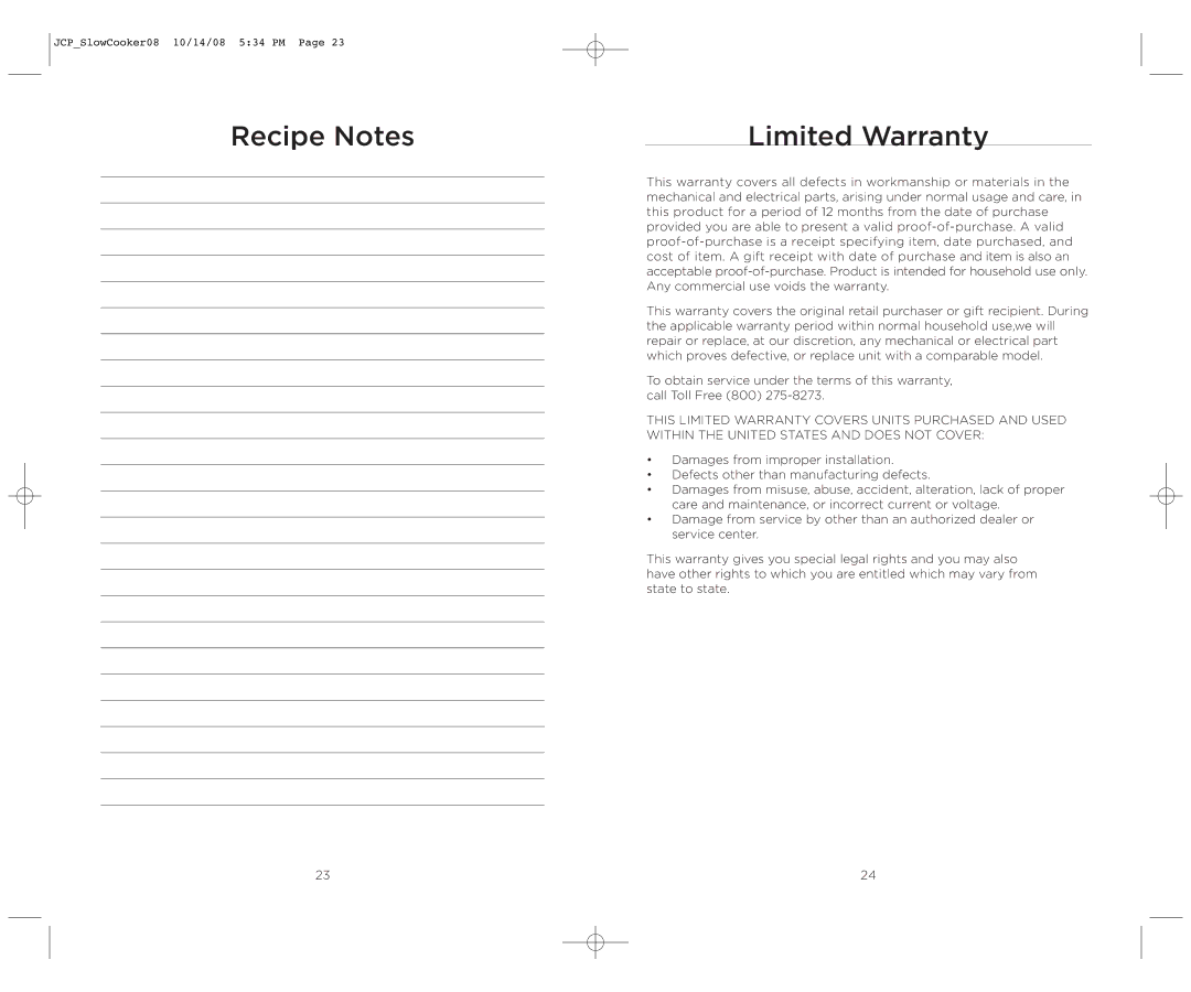 Wolfgang Puck WPSC0010 manual Recipe Notes Limited Warranty 