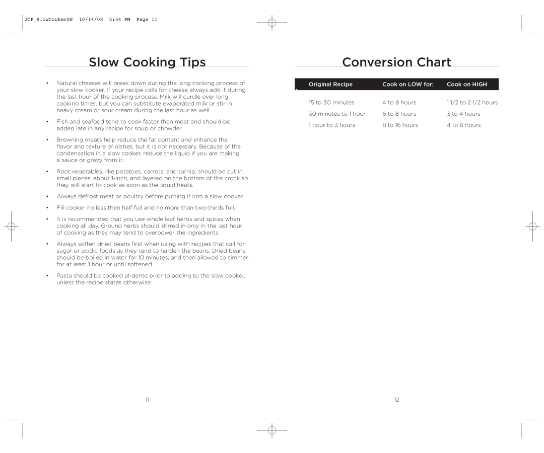 Wolfgang Puck WPSC0010 manual Slow Cooking Tips, Conversion Chart 