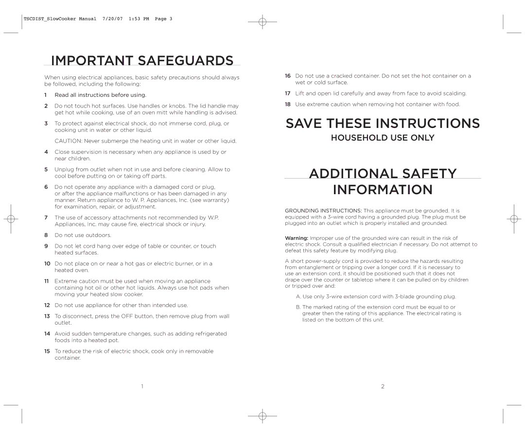 Wolfgang Puck WPSC0017C manual Important Safeguards 