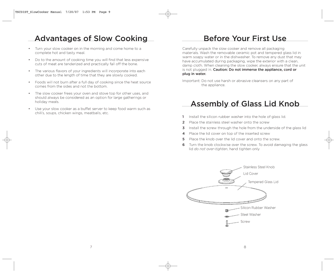 Wolfgang Puck WPSC0017C manual Advantages of Slow Cooking, Before Your First Use, Assembly of Glass Lid Knob 