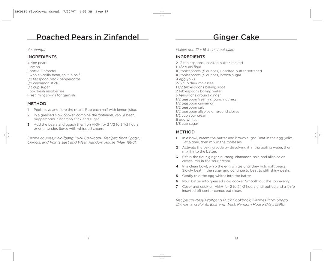 Wolfgang Puck WPSC0017C manual Poached Pears in Zinfandel, Ginger Cake 