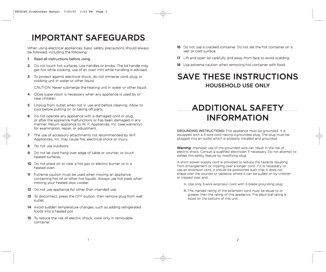 Wolfgang Puck WPSC0017C Important Safeguards, Save These Instructions, Additional Safety Information, Household Use Only 
