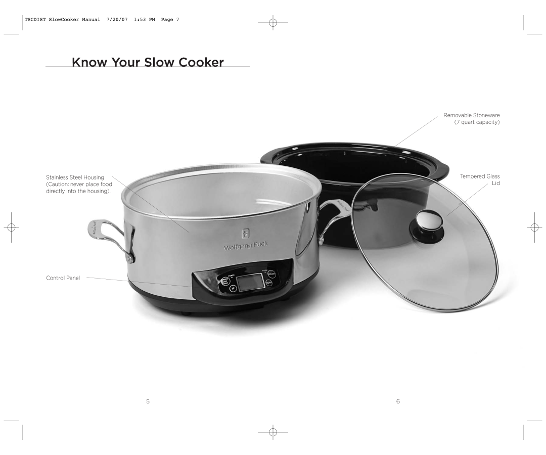 Wolfgang Puck WPSC0017C manual Know Your Slow Cooker, Control Panel, Tempered Glass Lid 