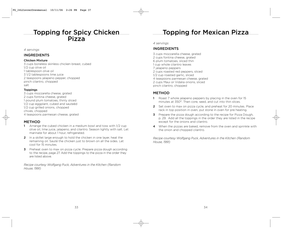 Wolfgang Puck WPSSCO24 operating instructions Topping for Spicy Chicken Pizza, Topping for Mexican Pizza 