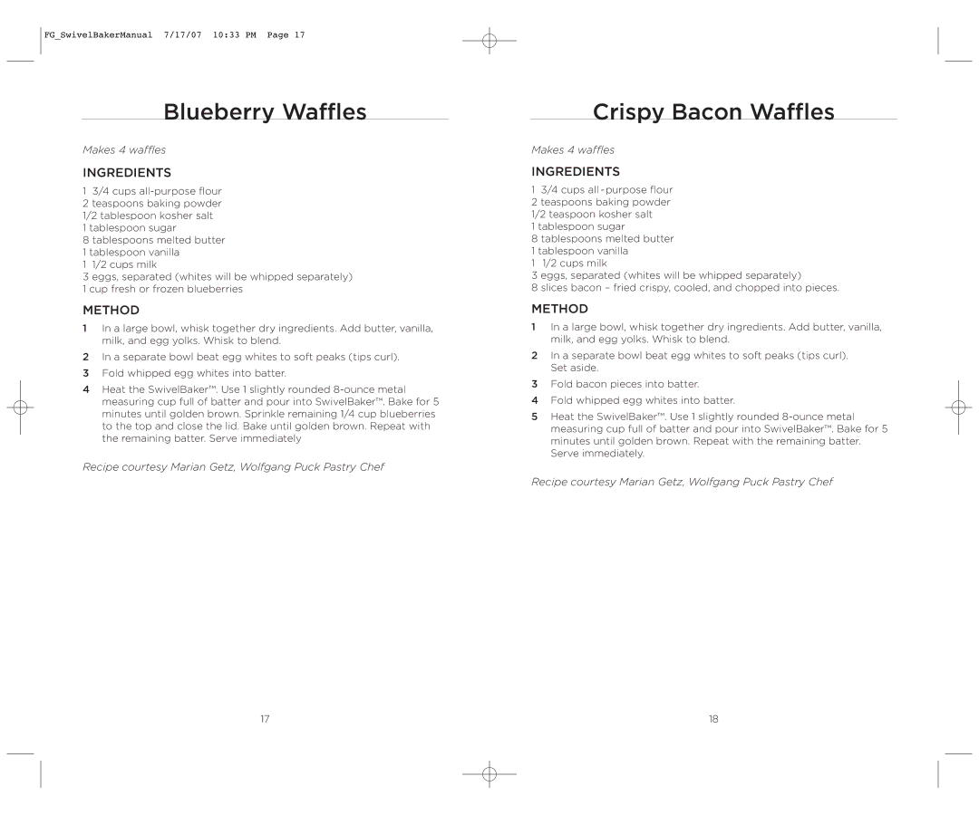 Wolfgang Puck WPWB0010 operating instructions Blueberry Waffles, Crispy Bacon Waffles 