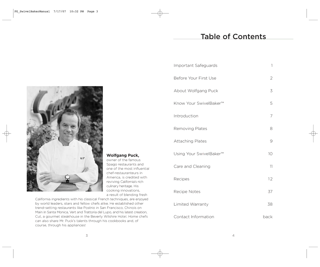 Wolfgang Puck WPWB0010 operating instructions Table of Contents 