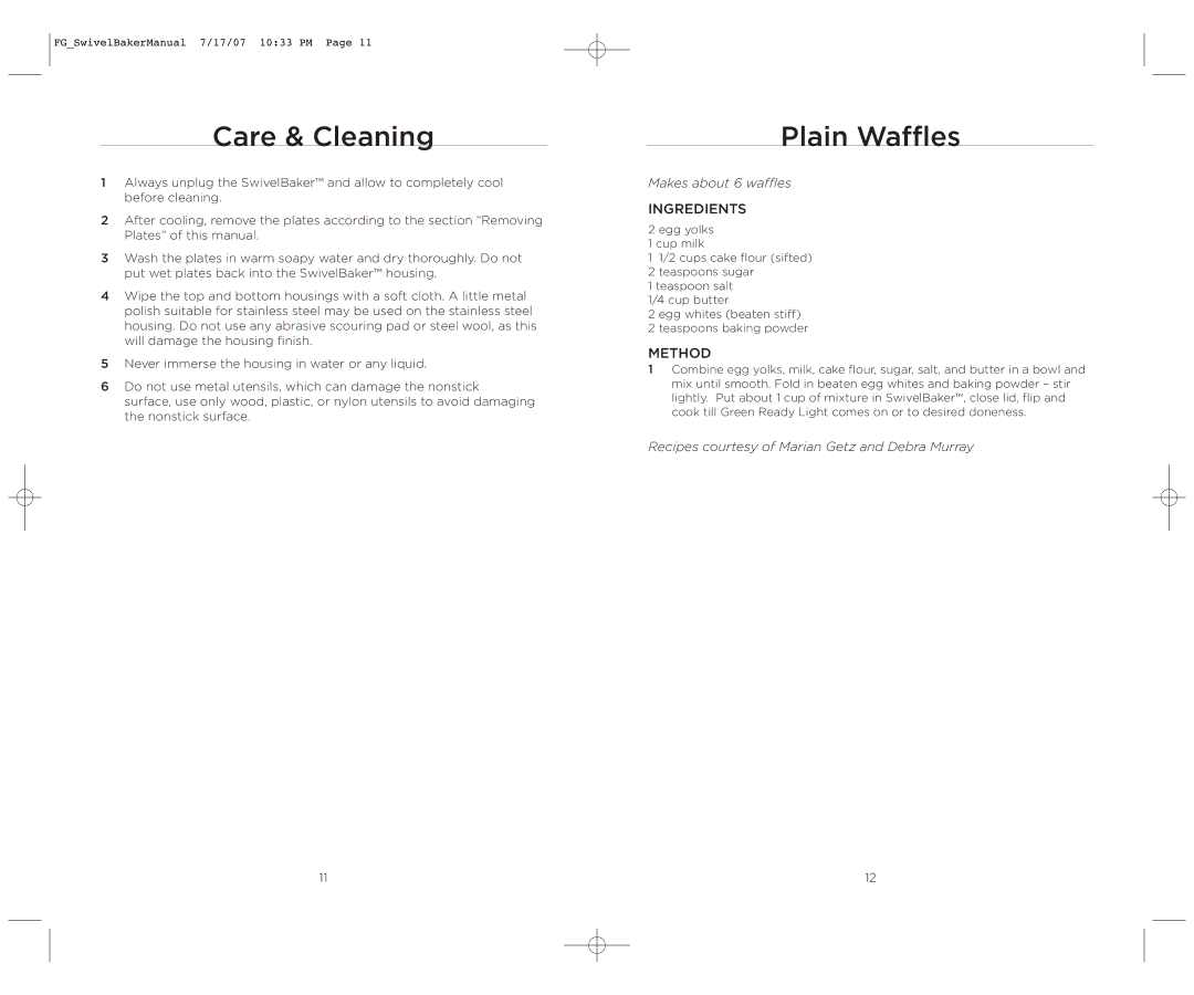 Wolfgang Puck WPWB0010 operating instructions Care & Cleaning, Plain Waffles, Makes about 6 waffles 