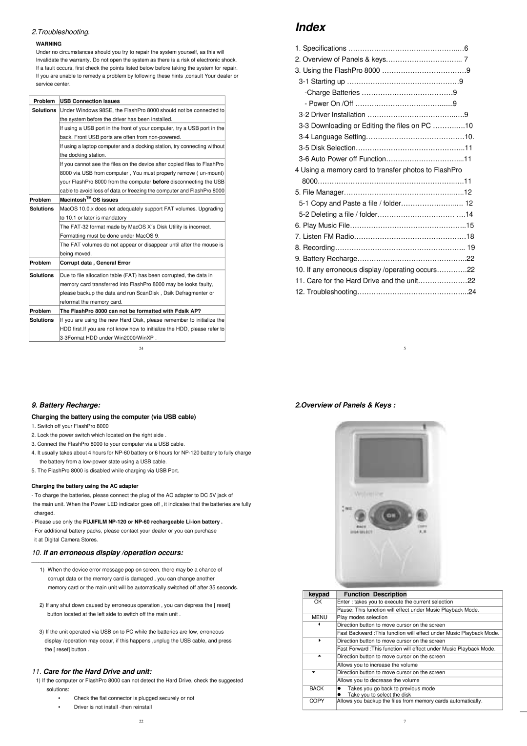 Wolverine 8000 warranty Battery Recharge, If an erroneous display /operation occurs, Care for the Hard Drive and unit 