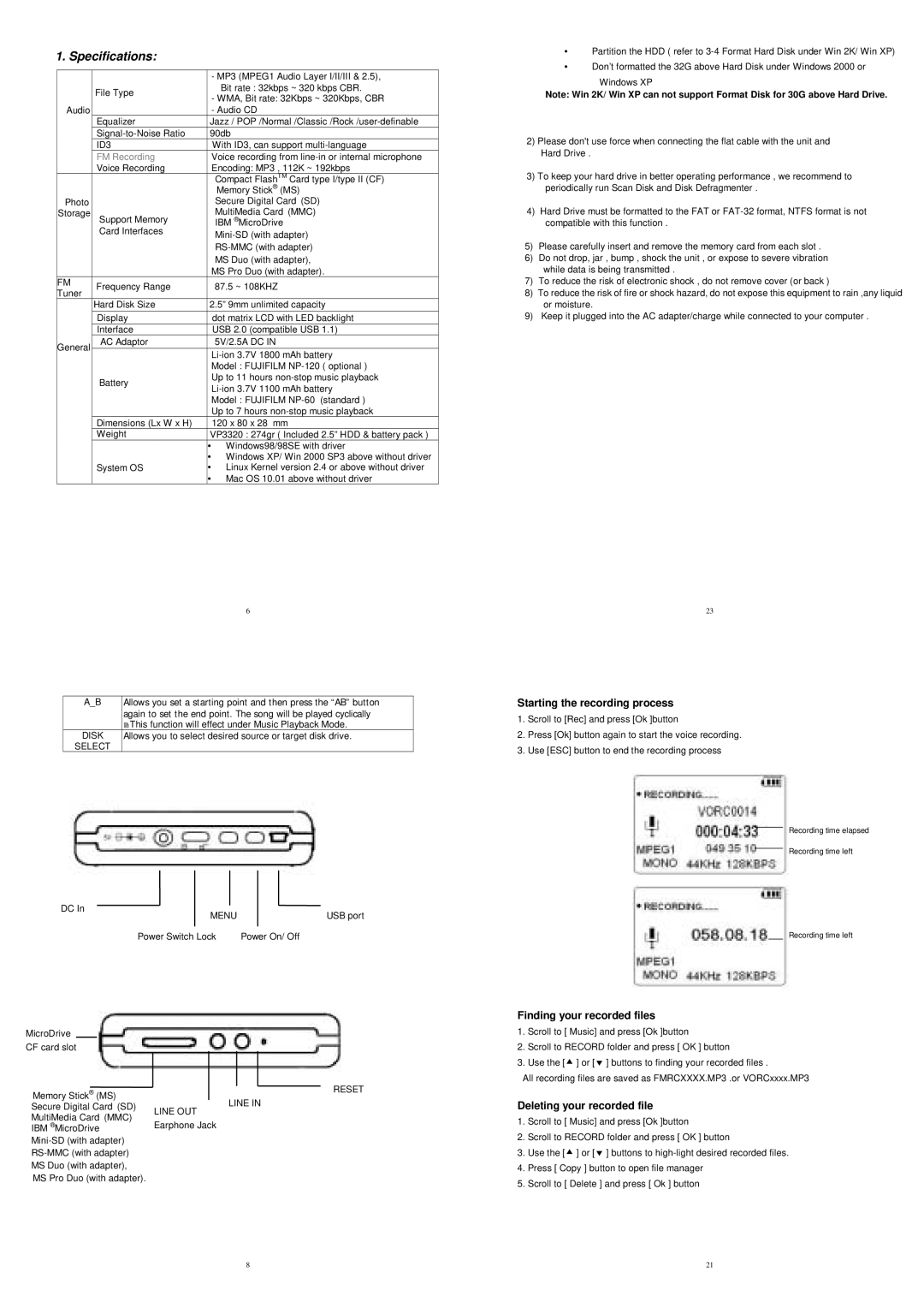 Wolverine 8000 Specifications, Starting the recording process, Finding your recorded files, Deleting your recorded file 