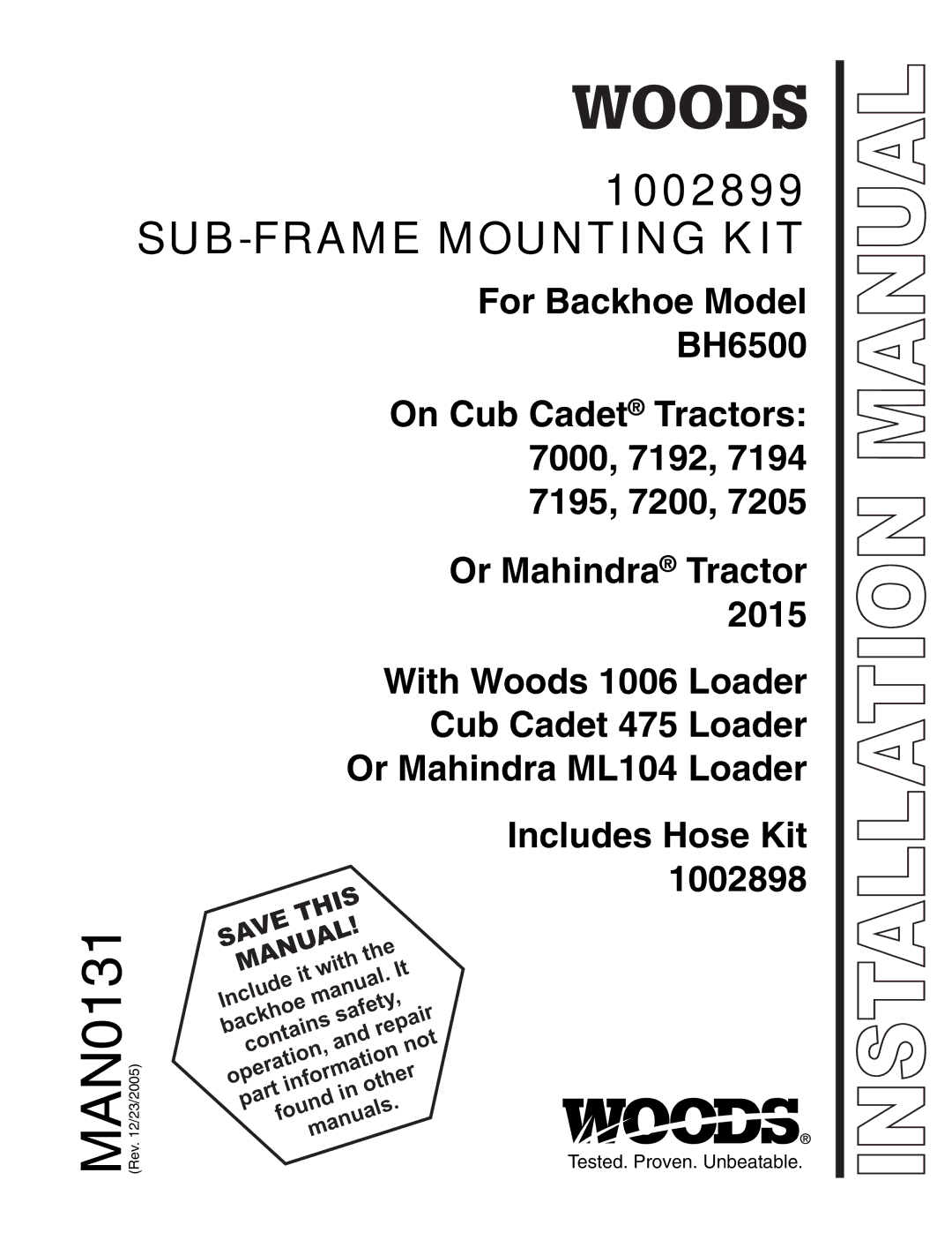 Woods Equipment 1002899 manual SUB-FRAME Mounting KIT 