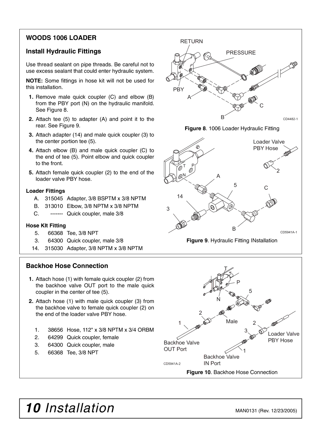 Woods Equipment 1002899 manual Woods 1006 Loader, Install Hydraulic Fittings, Backhoe Hose Connection, Loader Fittings 