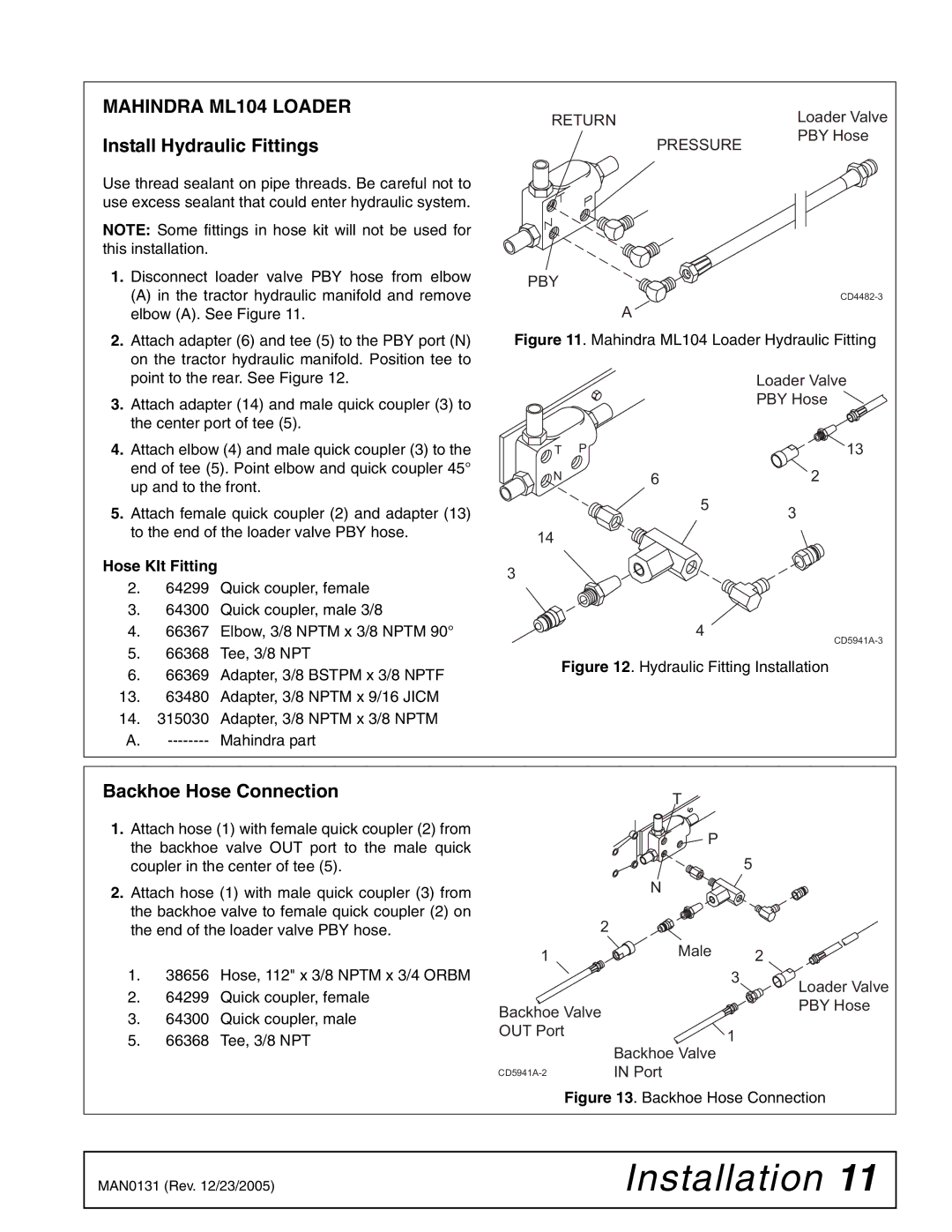 Woods Equipment 1002899 manual Mahindra ML104 Loader Hydraulic Fitting 