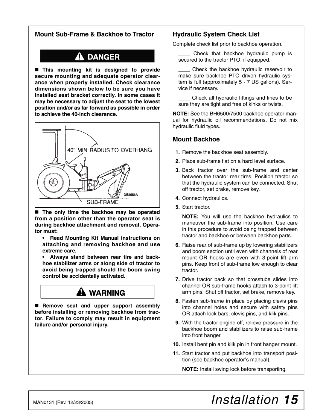 Woods Equipment 1002899 manual Mount Sub-Frame & Backhoe to Tractor, Hydraulic System Check List, Mount Backhoe 