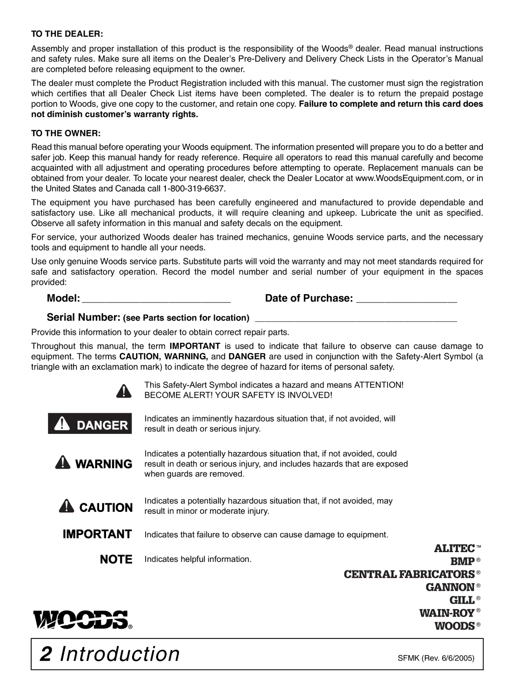 Woods Equipment 1002899 manual Introduction, To the Dealer 