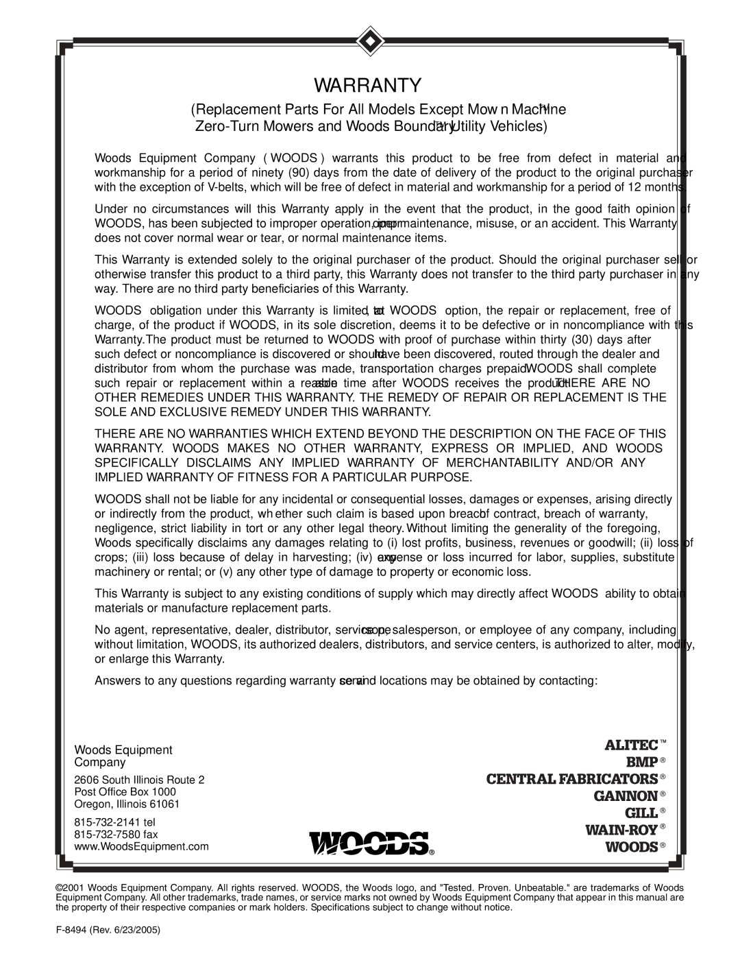 Woods Equipment 1002899 manual Warranty 