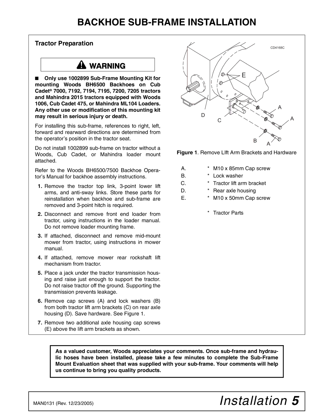 Woods Equipment 1002899 manual Installation, Tractor Preparation 