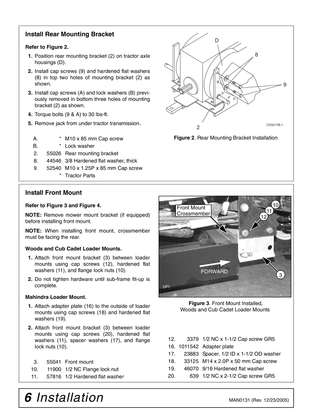 Woods Equipment 1002899 manual Install Rear Mounting Bracket, Install Front Mount, Refer to Figure, Mahindra Loader Mount 