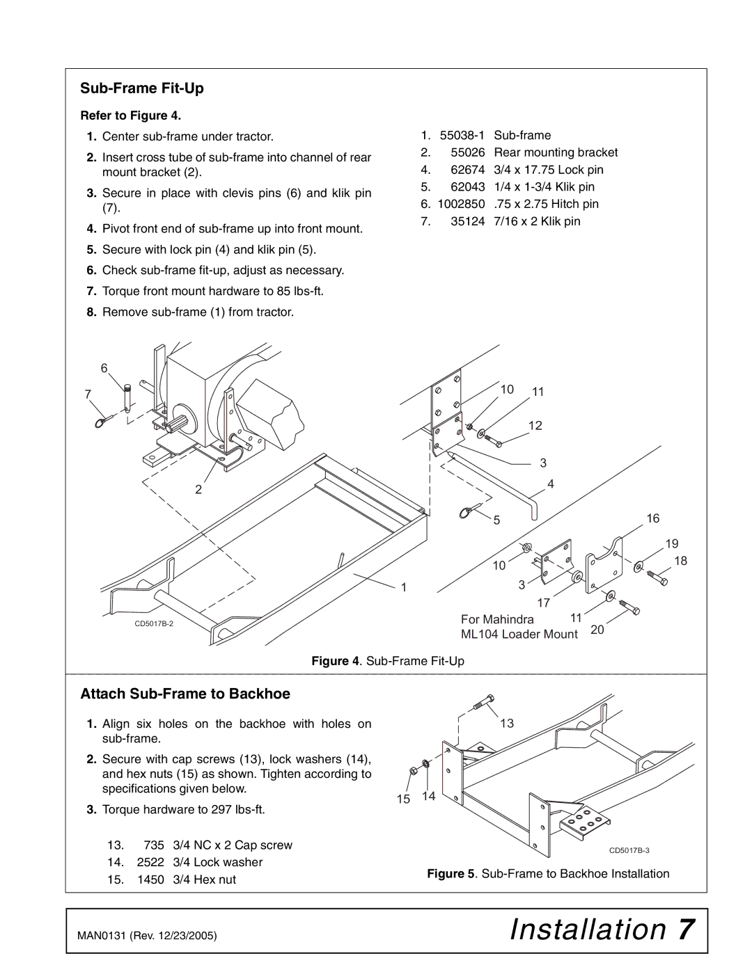 Woods Equipment 1002899 manual Sub-Frame Fit-Up, Attach Sub-Frame to Backhoe 