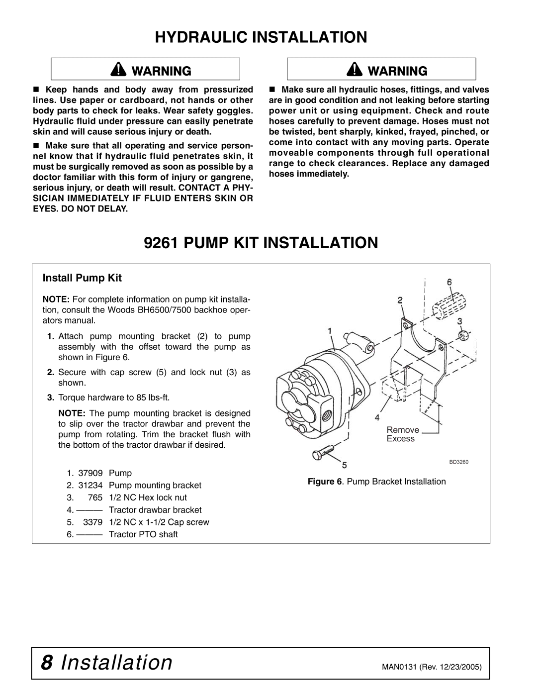 Woods Equipment 1002899 manual Pump KIT Installation, Install Pump Kit 