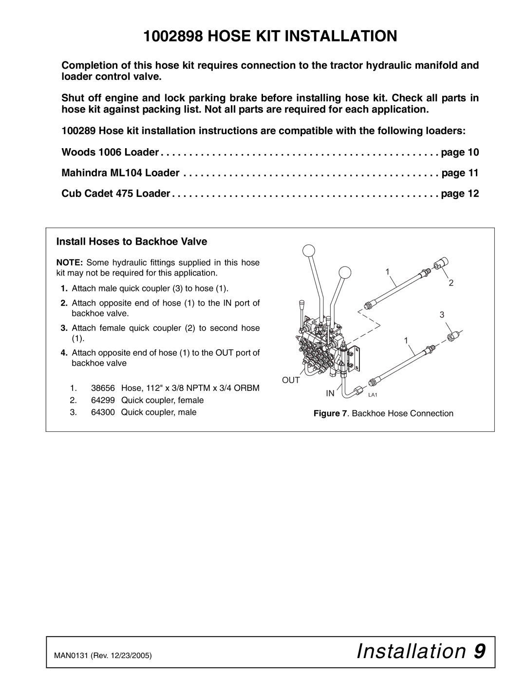 Woods Equipment 1002899 manual Hose KIT Installation, Backhoe Hose Connection 