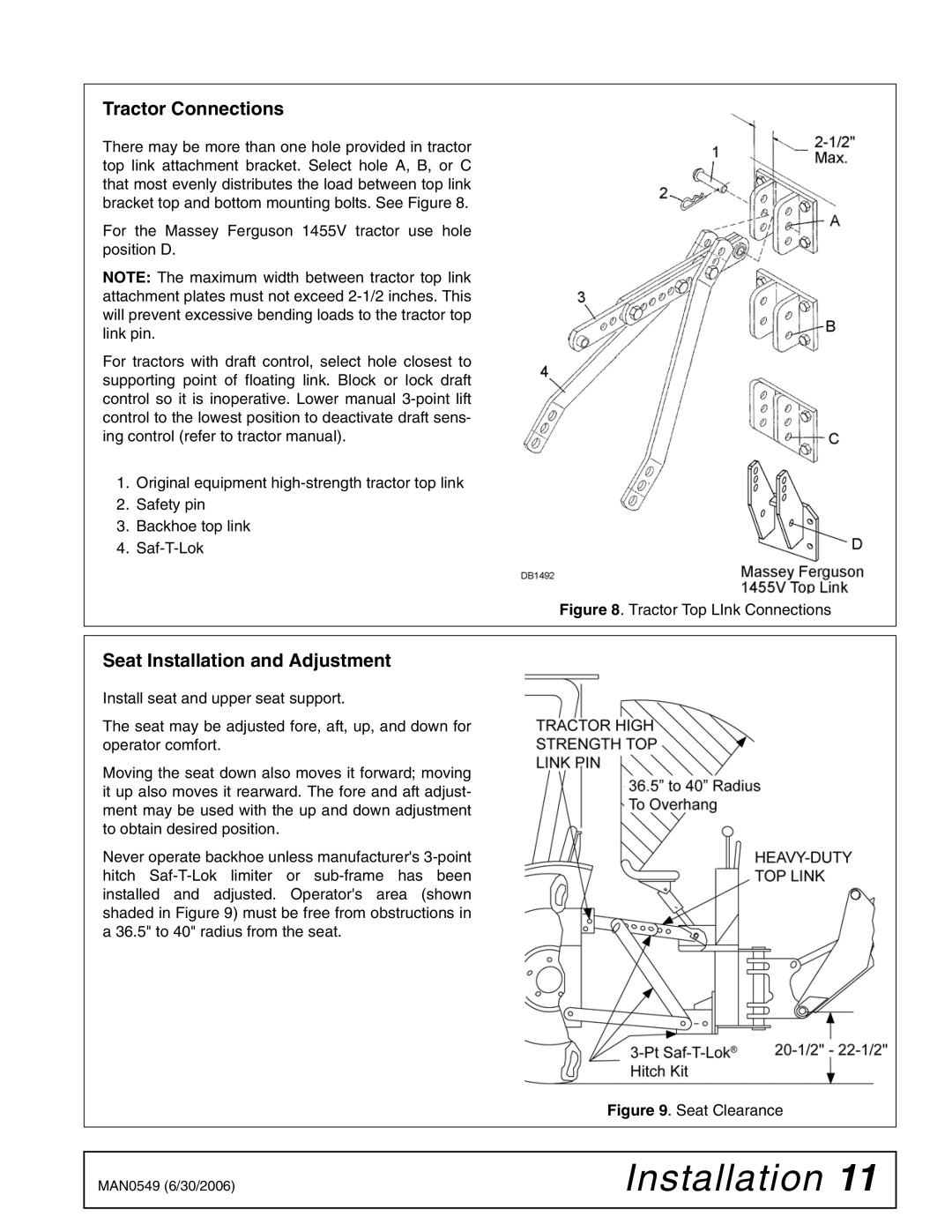 Woods Equipment 1012606 manual Tractor Connections, Seat Installation and Adjustment 