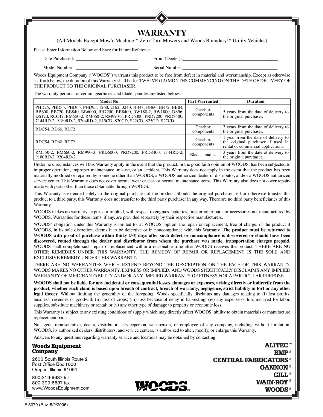 Woods Equipment 1012606 manual Warranty 