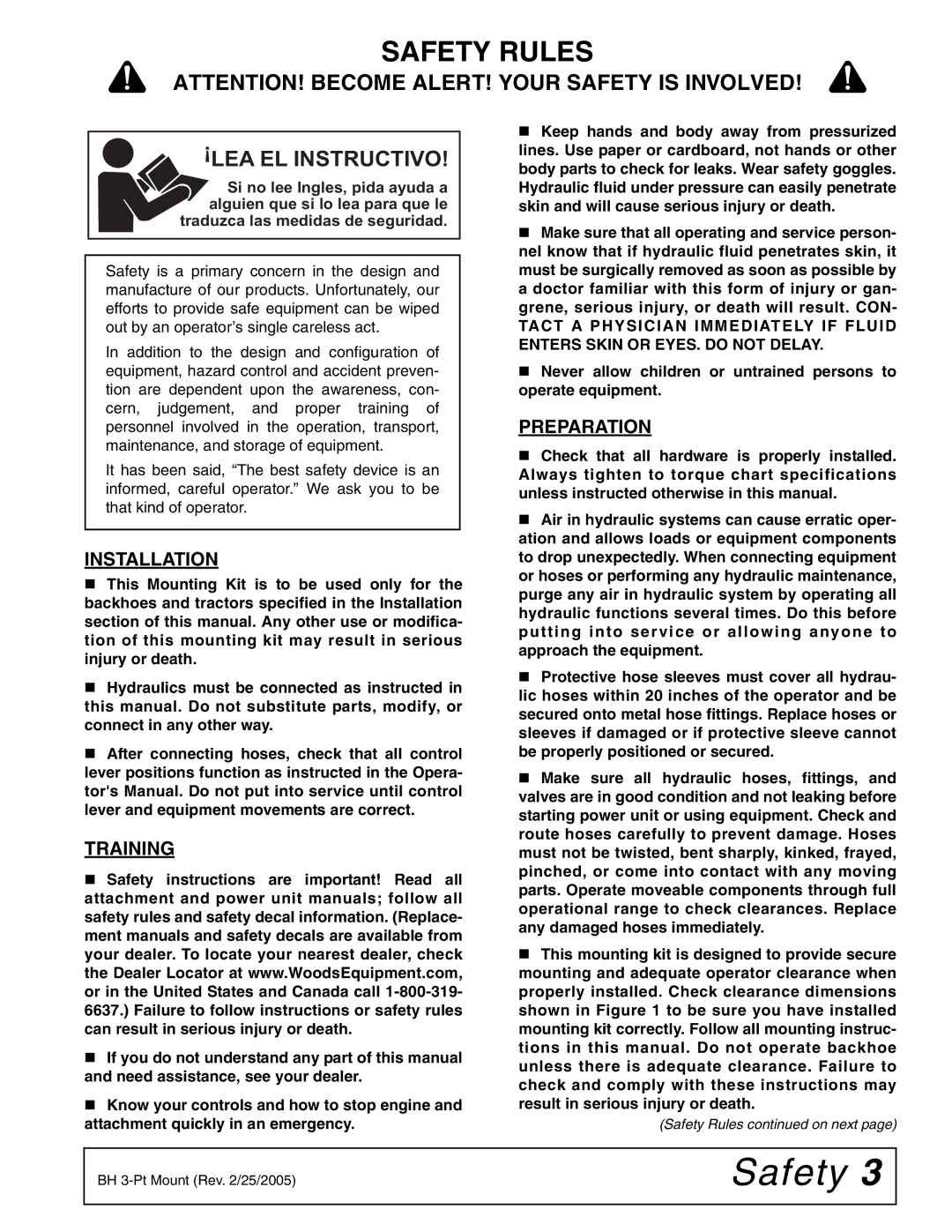 Woods Equipment 1012606 manual Safety Rules, Installation, Training, Preparation 