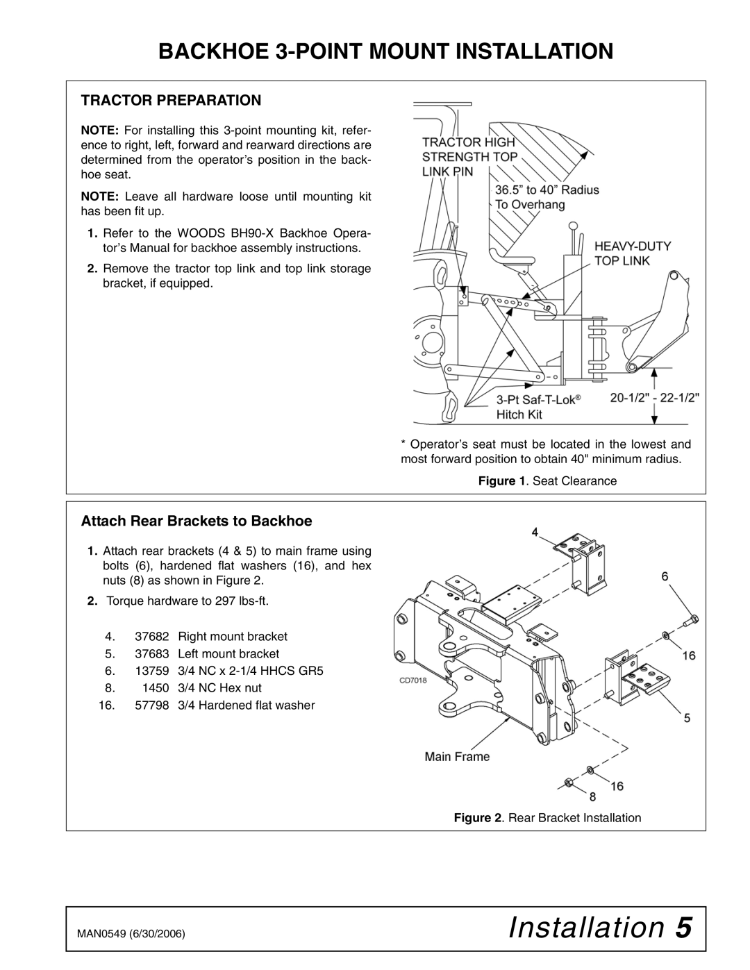 Woods Equipment 1012606 manual Backhoe 3-POINT Mount Installation, Tractor Preparation, Attach Rear Brackets to Backhoe 