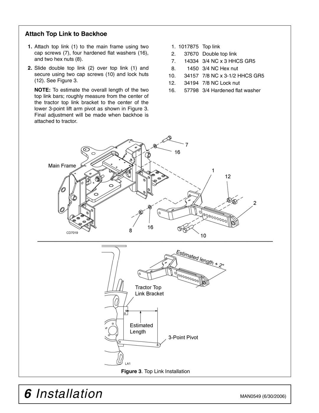 Woods Equipment 1012606 manual Attach Top Link to Backhoe, Top Link Installation 