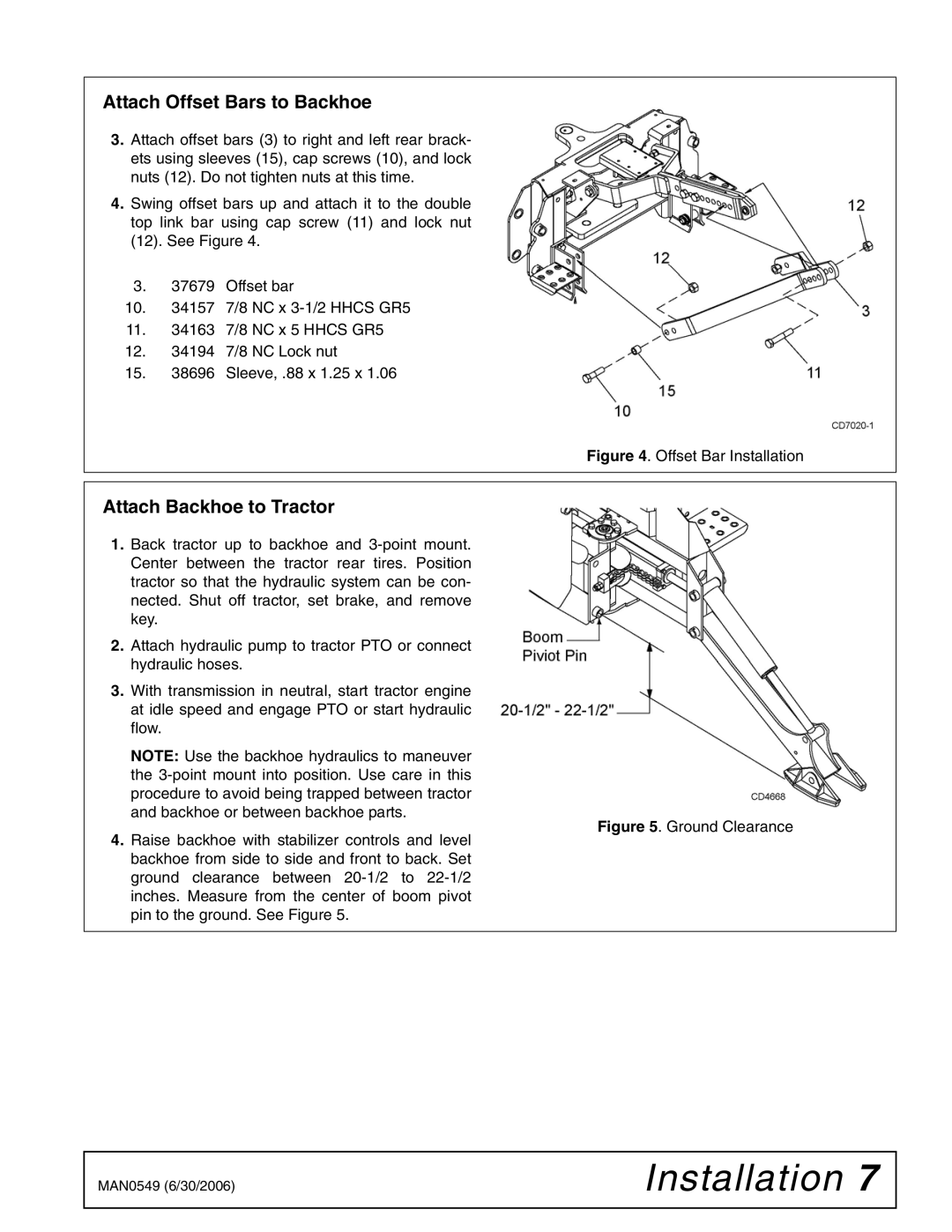 Woods Equipment 1012606 manual Attach Offset Bars to Backhoe, Attach Backhoe to Tractor 