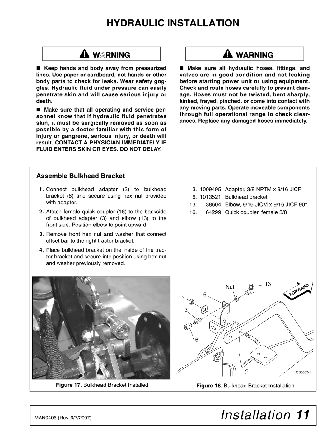 Woods Equipment 1013460 installation manual Hydraulic Installation, Assemble Bulkhead Bracket 