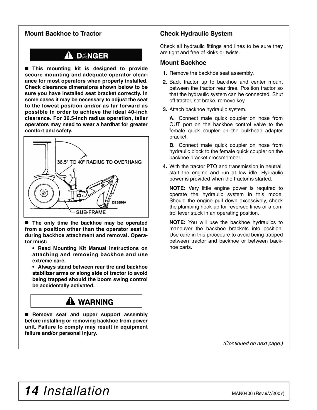 Woods Equipment 1013460 installation manual Mount Backhoe to Tractor Check Hydraulic System 