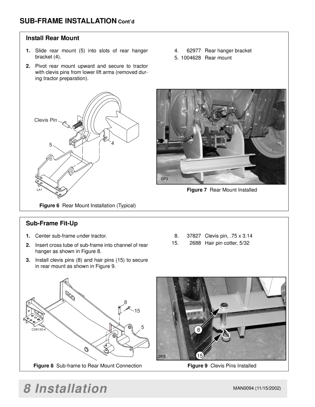 Woods Equipment 1016, MX5000, 2WD, MAN0094, LB702, 1012, 1004624, 1009, FWA, LA852-1 manual Install Rear Mount, Sub-Frame Fit-Up 