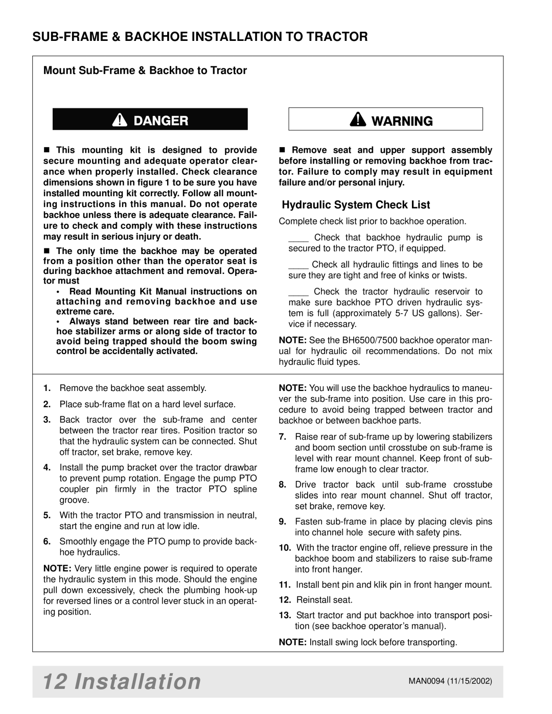 Woods Equipment LB702, 1016, MX5000, 2WD, MAN0094, 1012, 1009 Mount Sub-Frame & Backhoe to Tractor, Hydraulic System Check List 